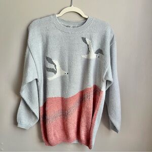 Light Blue & Rose Pink Bird-Print Crew Neck Sweater